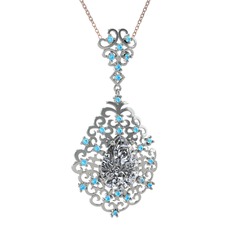 Swarovski ve akuamarin 14 ayar beyaz altın kolye (40 cm rose altın rolo zincir)
