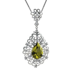 Peridot ve pırlanta 14 ayar beyaz altın kolye (0.52 karat, 40 cm gümüş rolo zincir)