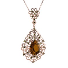 Dumanlı kuvars ve peridot 14 ayar rose altın kolye (40 cm rose altın rolo zincir)
