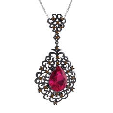 Dalila Kolye - Rodolit garnet ve dumanlı kuvars 925 ayar siyah rodyum kaplama gümüş kolye (40 cm beyaz altın rolo zincir) #1nk6mwk