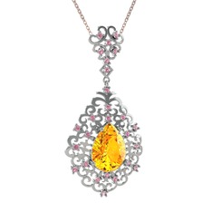 Dalila Kolye - Sitrin ve pembe kuvars 14 ayar beyaz altın kolye (40 cm rose altın rolo zincir) #1ocaqcf