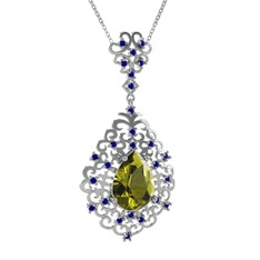 Peridot ve lab safir 14 ayar beyaz altın kolye (40 cm beyaz altın rolo zincir)