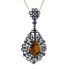 Dalila Kolye - Dumanlı kuvars ve ametist 925 ayar siyah rodyum kaplama gümüş kolye (40 cm altın rolo zincir) #1oi62ba
