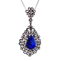 Lab safir ve pembe kuvars 925 ayar siyah rodyum kaplama gümüş kolye (40 cm beyaz altın rolo zincir)