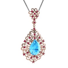 Akuamarin ve rodolit garnet 14 ayar rose altın kolye (40 cm gümüş rolo zincir)