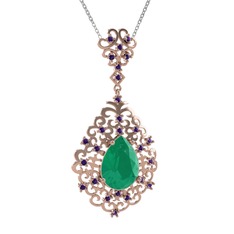 Kök zümrüt ve ametist 925 ayar rose altın kaplama gümüş kolye (40 cm beyaz altın rolo zincir)