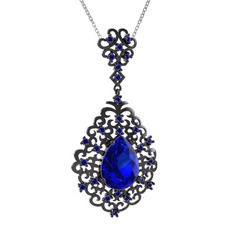 Lab safir 925 ayar siyah rodyum kaplama gümüş kolye (40 cm beyaz altın rolo zincir)