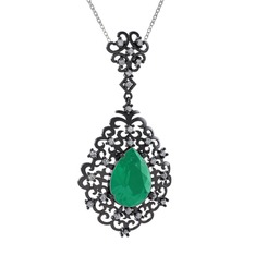 Dalila Kolye - Kök zümrüt ve pırlanta 925 ayar siyah rodyum kaplama gümüş kolye (0.52 karat, 40 cm beyaz altın rolo zincir) #1qbnopb