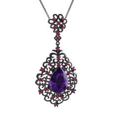Dalila Kolye - Ametist ve rodolit garnet 925 ayar siyah rodyum kaplama gümüş kolye (40 cm gümüş rolo zincir) #1qf8yp7
