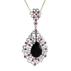 Siyah zirkon ve rodolit garnet 8 ayar beyaz altın kolye (40 cm altın rolo zincir)