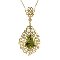 Dalila Kolye - Peridot ve pembe kuvars 8 ayar altın kolye (40 cm altın rolo zincir) #1qnr2jk