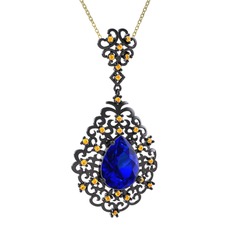 Lab safir ve sitrin 925 ayar siyah rodyum kaplama gümüş kolye (40 cm altın rolo zincir)