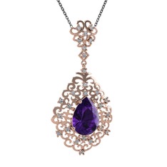 Dalila Kolye - Ametist ve pırlanta 8 ayar rose altın kolye (0.52 karat, 40 cm gümüş rolo zincir) #1qv0ef0