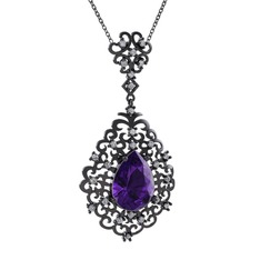 Ametist ve beyaz zirkon 925 ayar siyah rodyum kaplama gümüş kolye (40 cm gümüş rolo zincir)