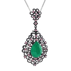 Dalila Kolye - Kök zümrüt ve pembe kuvars 925 ayar siyah rodyum kaplama gümüş kolye (40 cm gümüş rolo zincir) #1sb4kb4