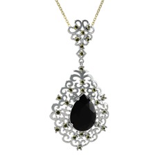 Siyah zirkon ve peridot 8 ayar beyaz altın kolye (40 cm gümüş rolo zincir)