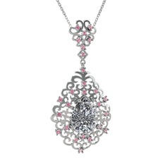 Swarovski ve pembe kuvars 18 ayar beyaz altın kolye (40 cm beyaz altın rolo zincir)