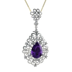 Dalila Kolye - Ametist ve pırlanta 8 ayar beyaz altın kolye (0.52 karat, 40 cm gümüş rolo zincir) #1utxk6g