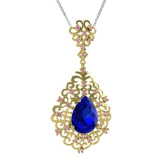 Lab safir ve pembe kuvars 14 ayar altın kolye (40 cm beyaz altın rolo zincir)