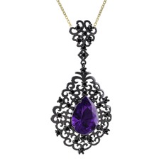 Dalila Kolye - Ametist ve siyah zirkon 925 ayar siyah rodyum kaplama gümüş kolye (40 cm altın rolo zincir) #1vdolvk