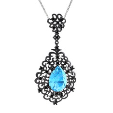 Dalila Kolye - Akuamarin ve siyah zirkon 925 ayar siyah rodyum kaplama gümüş kolye (40 cm beyaz altın rolo zincir) #1vdvu93