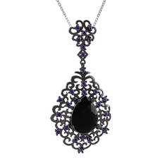 Dalila Kolye - Siyah zirkon ve ametist 925 ayar siyah rodyum kaplama gümüş kolye (40 cm beyaz altın rolo zincir) #1vewbrv