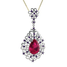 Rodolit garnet ve ametist 8 ayar beyaz altın kolye (40 cm altın rolo zincir)