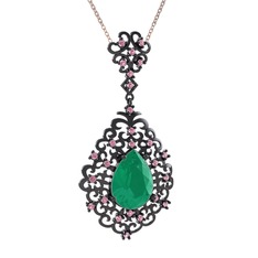Dalila Kolye - Kök zümrüt ve pembe kuvars 925 ayar siyah rodyum kaplama gümüş kolye (40 cm rose altın rolo zincir) #1wnehmi