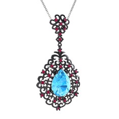 Dalila Kolye - Akuamarin ve rodolit garnet 925 ayar siyah rodyum kaplama gümüş kolye (40 cm beyaz altın rolo zincir) #1xxmify