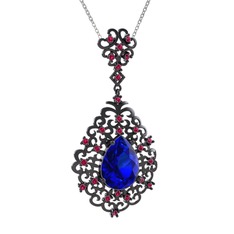 Dalila Kolye - Lab safir ve rodolit garnet 925 ayar siyah rodyum kaplama gümüş kolye (40 cm gümüş rolo zincir) #1yt8fxr