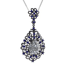 Dalila Kolye - Swarovski ve lab safir 925 ayar siyah rodyum kaplama gümüş kolye (40 cm beyaz altın rolo zincir) #23ned9