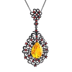 Sitrin ve garnet 925 ayar siyah rodyum kaplama gümüş kolye (40 cm gümüş rolo zincir)
