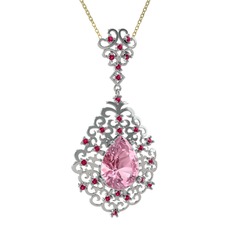 Pembe kuvars ve rodolit garnet 8 ayar beyaz altın kolye (40 cm altın rolo zincir)