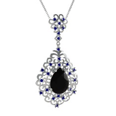 Siyah zirkon ve lab safir 14 ayar beyaz altın kolye (40 cm beyaz altın rolo zincir)
