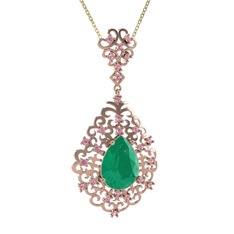 Dalila Kolye - Kök zümrüt ve pembe kuvars 925 ayar rose altın kaplama gümüş kolye (40 cm gümüş rolo zincir) #35sh0p