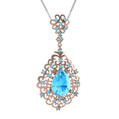 Akuamarin 925 ayar rose altın kaplama gümüş kolye (40 cm beyaz altın rolo zincir)