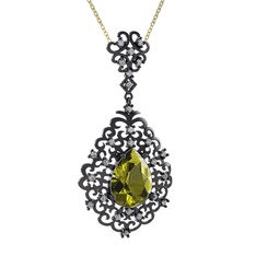 Peridot ve swarovski 925 ayar siyah rodyum kaplama gümüş kolye (40 cm altın rolo zincir)