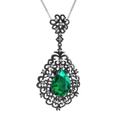 Dalila Kolye - Yeşil kuvars ve swarovski 925 ayar siyah rodyum kaplama gümüş kolye (40 cm beyaz altın rolo zincir) #4b0it0