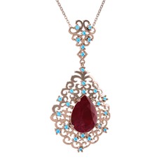 Kök yakut ve akuamarin 14 ayar rose altın kolye (40 cm rose altın rolo zincir)
