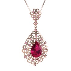 Rodolit garnet ve pembe kuvars 18 ayar rose altın kolye (40 cm rose altın rolo zincir)