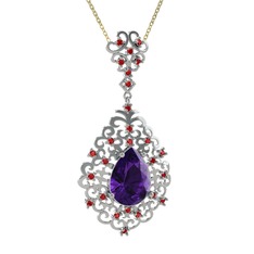 Ametist ve garnet 18 ayar beyaz altın kolye (40 cm altın rolo zincir)