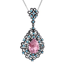 Dalila Kolye - Pembe kuvars ve akuamarin 925 ayar siyah rodyum kaplama gümüş kolye (40 cm beyaz altın rolo zincir) #5fex52