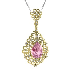 Pembe kuvars ve beyaz zirkon 18 ayar altın kolye (40 cm beyaz altın rolo zincir)