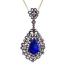 Dalila Kolye - Lab safir ve pembe kuvars 925 ayar siyah rodyum kaplama gümüş kolye (40 cm altın rolo zincir) #5gr1jz