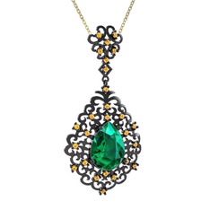 Yeşil kuvars ve sitrin 925 ayar siyah rodyum kaplama gümüş kolye (40 cm altın rolo zincir)