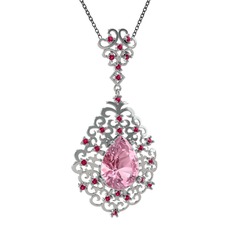 Dalila Kolye - Pembe kuvars ve rodolit garnet 18 ayar beyaz altın kolye (40 cm gümüş rolo zincir) #5whqr9