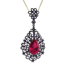 Rodolit garnet ve ametist 925 ayar siyah rodyum kaplama gümüş kolye (40 cm altın rolo zincir)