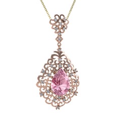 Pembe kuvars ve swarovski 14 ayar rose altın kolye (40 cm gümüş rolo zincir)