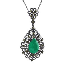 Dalila Kolye - Kök zümrüt ve peridot 925 ayar siyah rodyum kaplama gümüş kolye (40 cm gümüş rolo zincir) #6esvn8