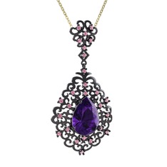 Dalila Kolye - Ametist ve pembe kuvars 925 ayar siyah rodyum kaplama gümüş kolye (40 cm altın rolo zincir) #7p4tew